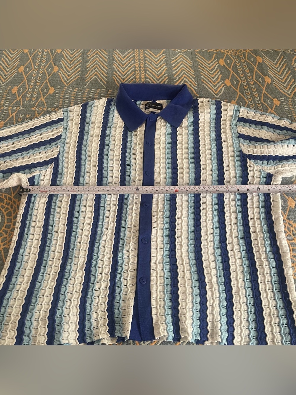 Original Use Blue, Navy and White Striped Knit Button-Up Shirt - Picture 3 of 7